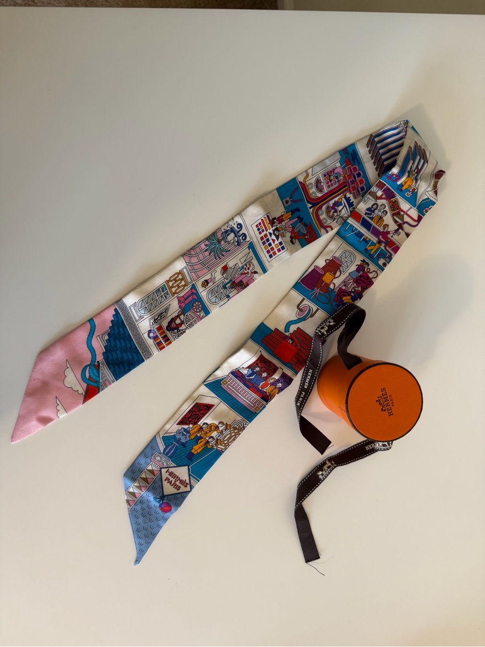 Hermes Pink & Blue Silk Twilly Scarf